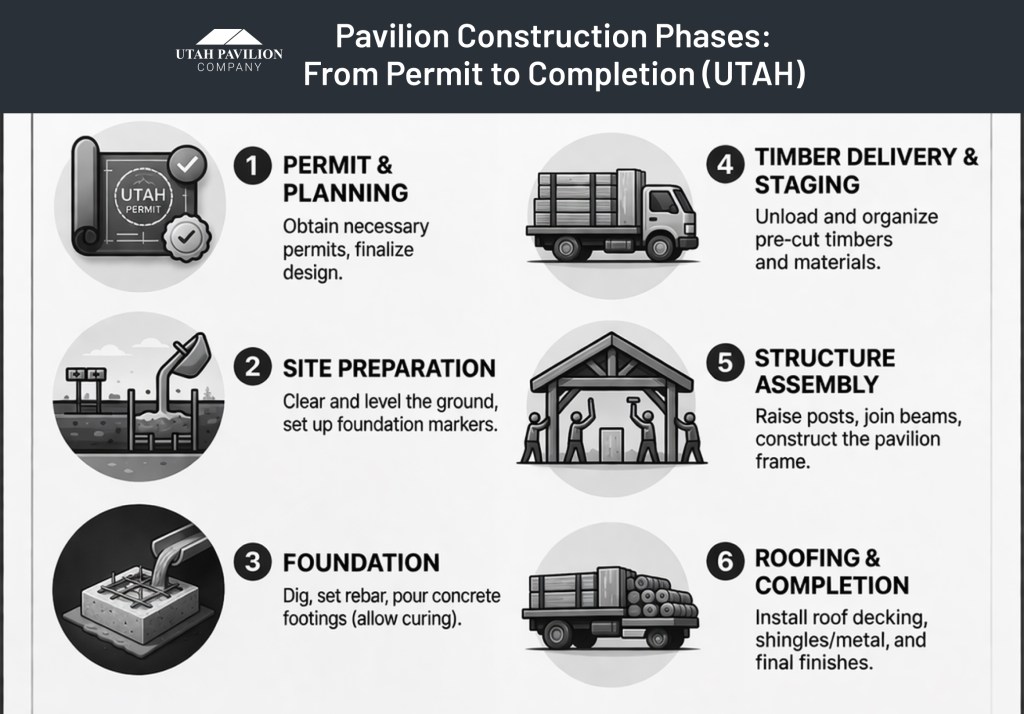 Infographic showing Pavilion installation timeline Utah with permit planning, site prep, foundation, timber delivery, assembly, roofing steps