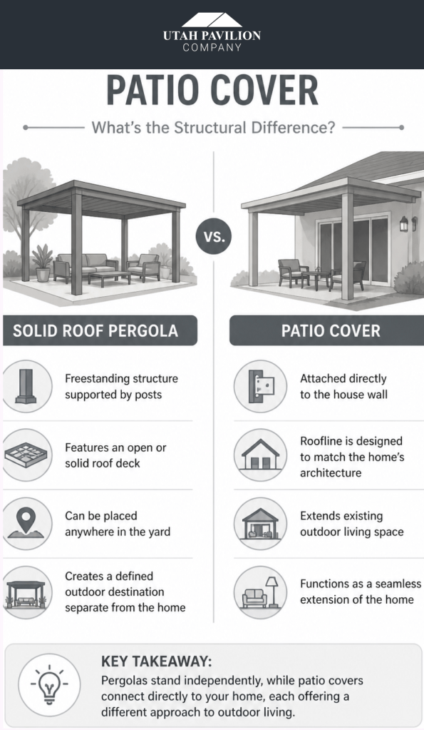 Infographic comparing a solid roof pergola and patio cover vs pergola Utah, highlighting structure, placement, and home integration.